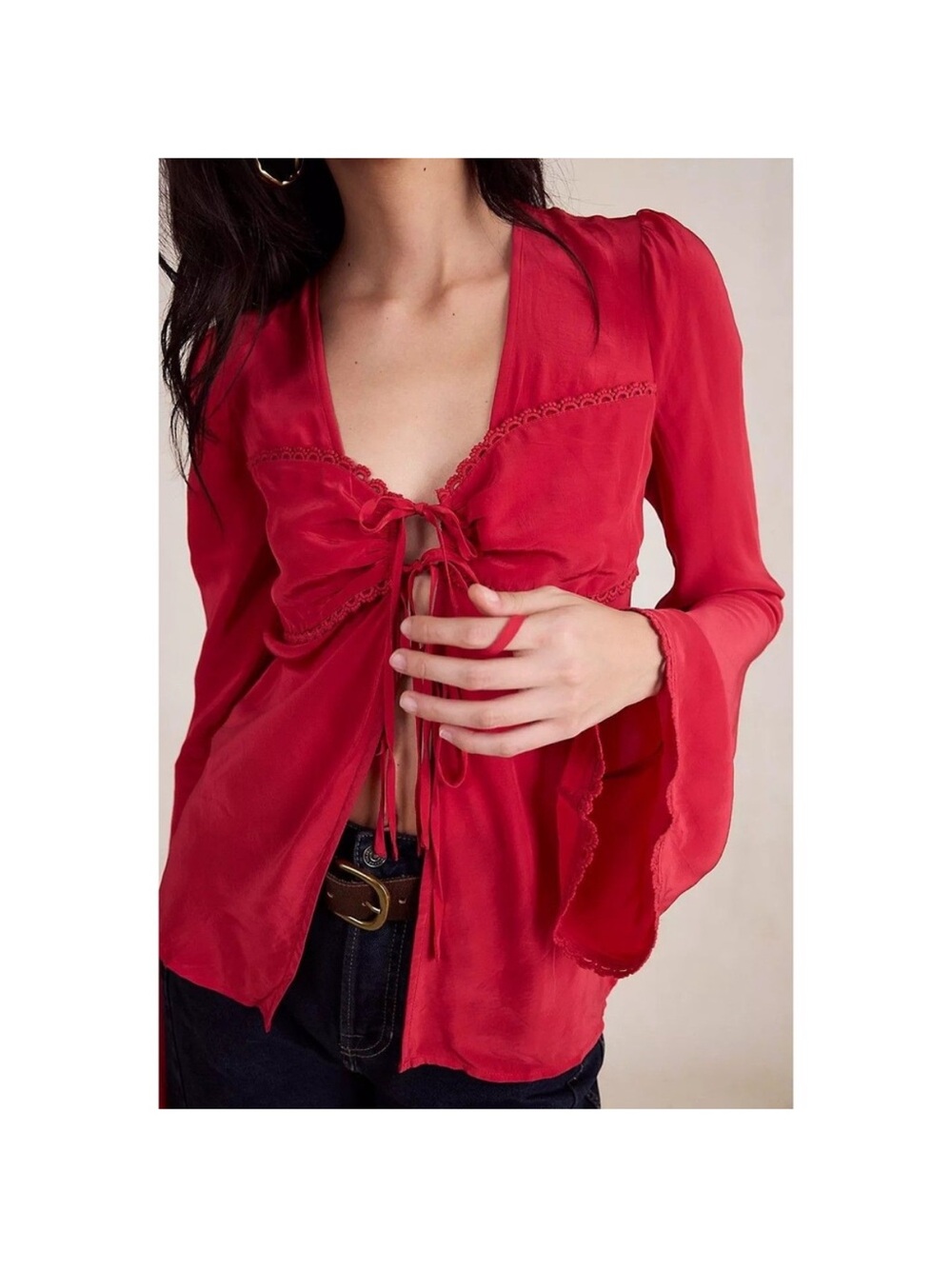 Free People, Bali Ariel Satin, Tie-Front Blouse w/Embroidery